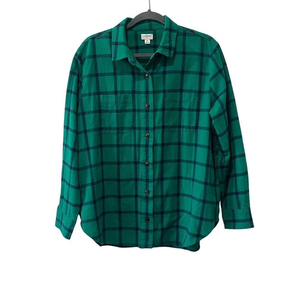 J.Crew Plaid Flannel Shirt Jacket Womens Medium Green Cotton Button Up Pockets